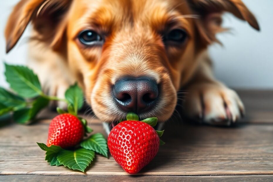 Cachorro cheira um morango fresco em uma mesa.