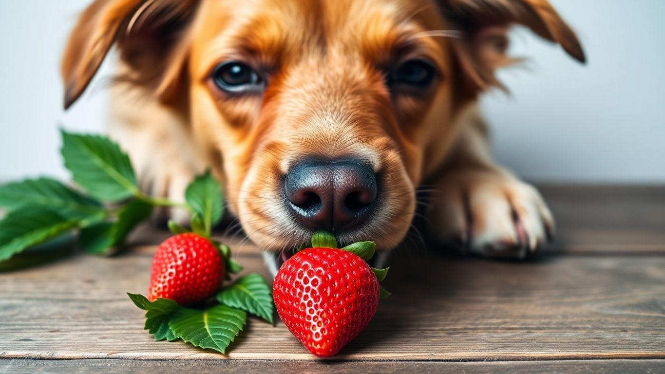 Cachorro cheira um morango fresco em uma mesa.