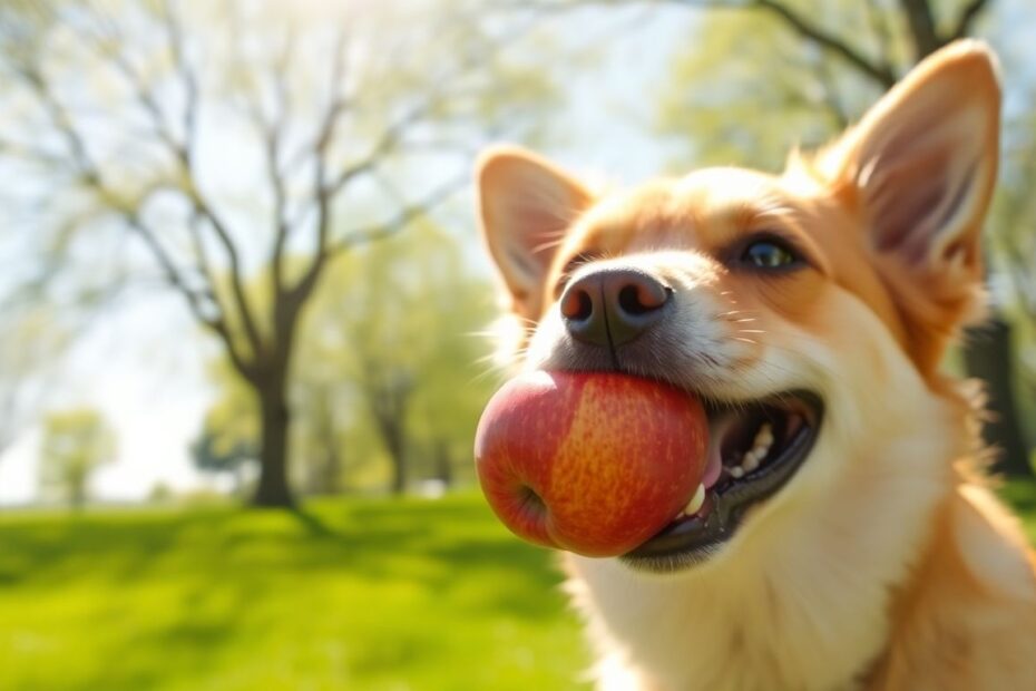 Cachorro comendo uma maçã fresca e suculenta.