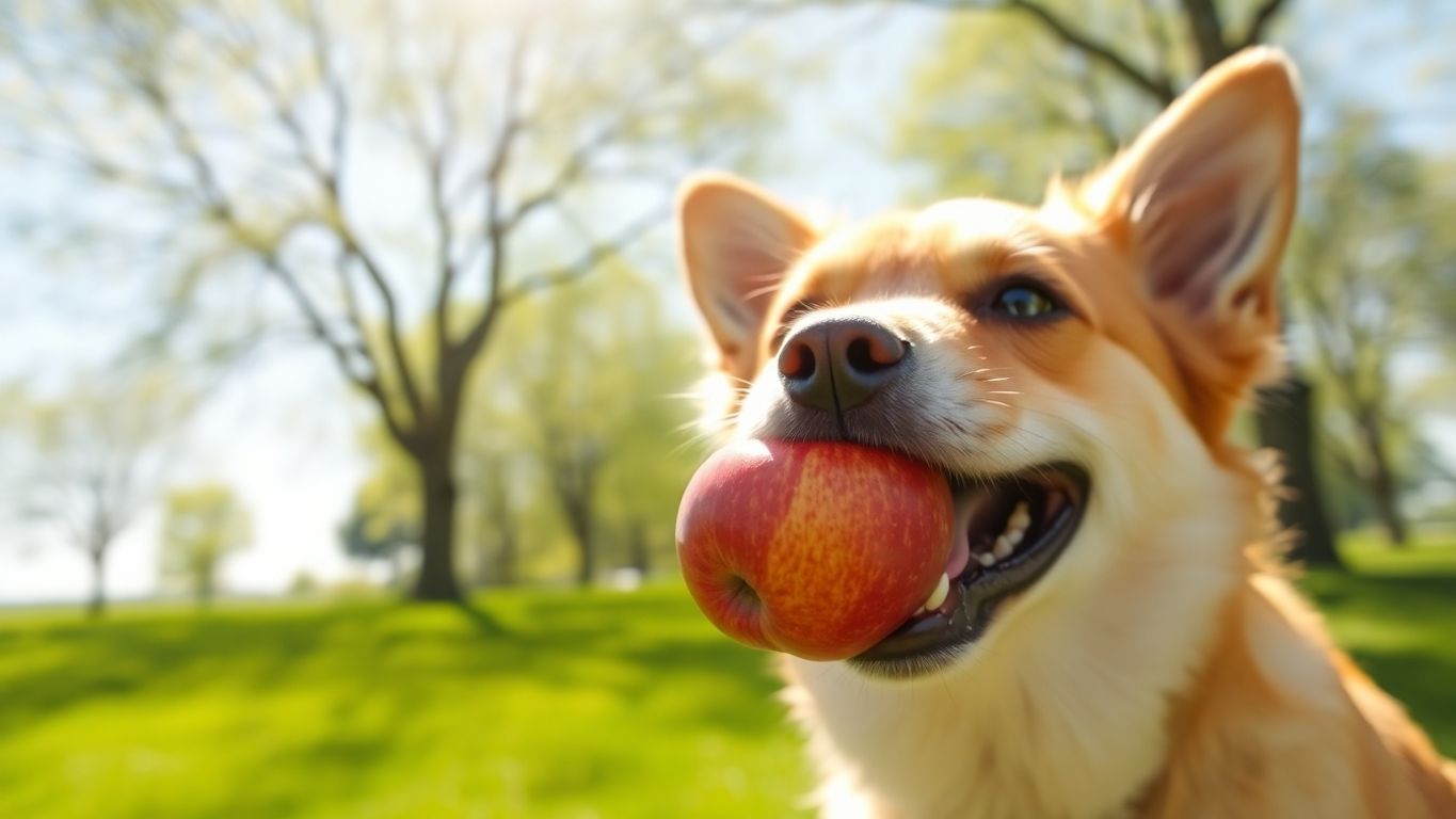 Cachorro comendo uma maçã fresca e suculenta.