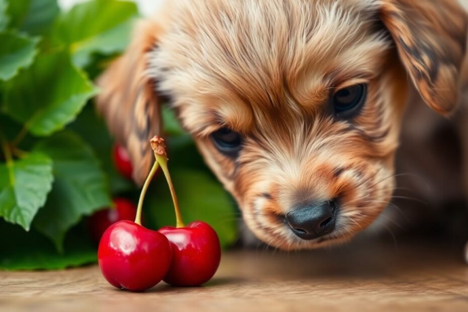 Cachorro cheirando uma cereja vermelha sobre uma mesa.