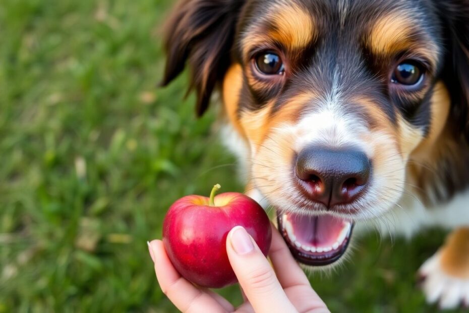 Cachorro cheirando uma ameixa fresca na grama.