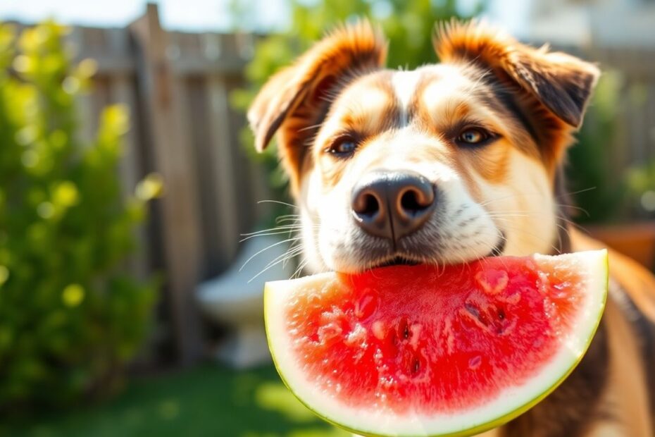 Cachorro comendo fatia de melancia no sol.