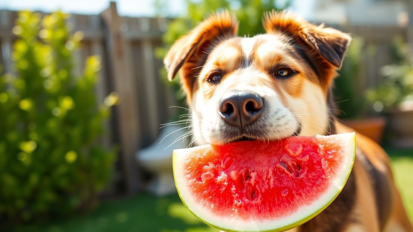 Cachorro comendo fatia de melancia no sol.
