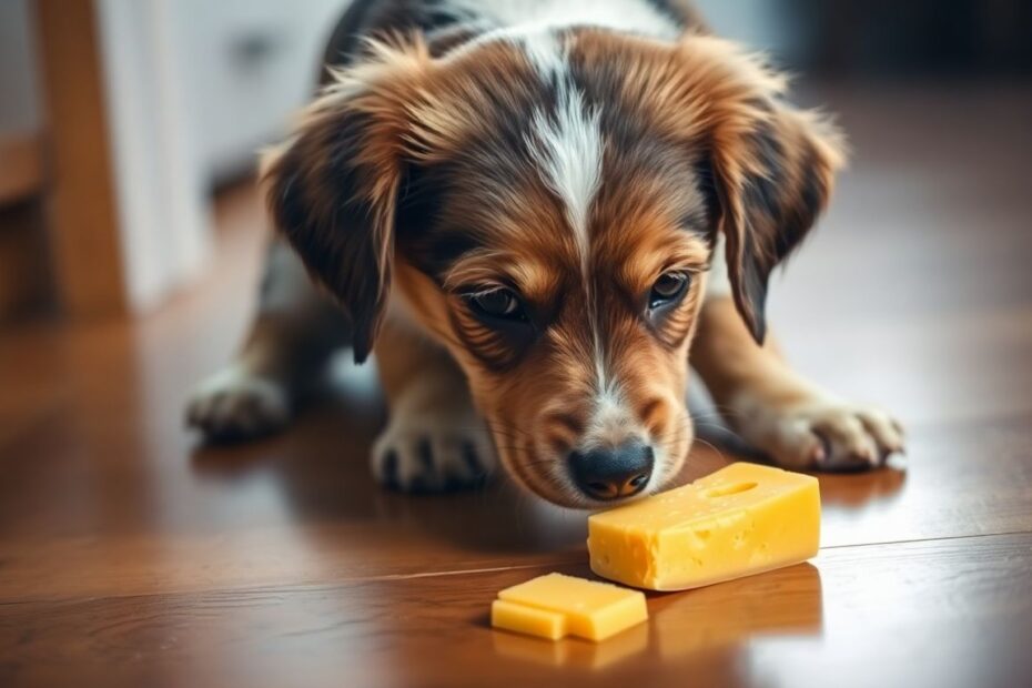 Cachorro cheirando queijo em um ambiente aconchegante.