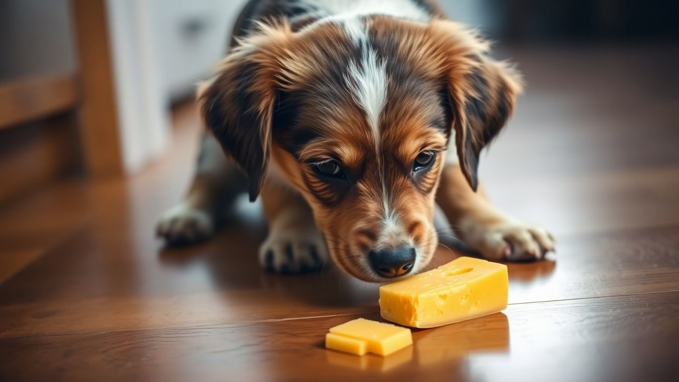 Cachorro cheirando queijo em um ambiente aconchegante.